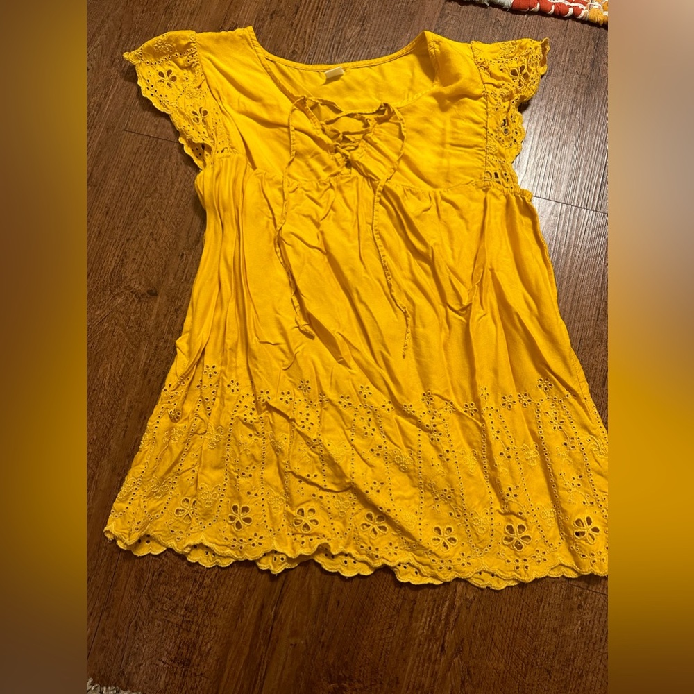 Mustard yellow Medium eyelet detailed cotton top